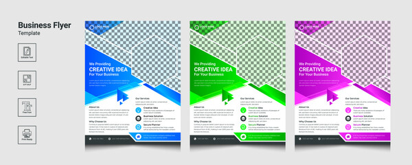 Corporate business flyer template design set with blue, green, and pink colors. marketing, business proposal, promotion, advertise, publication, real estate flyer design template