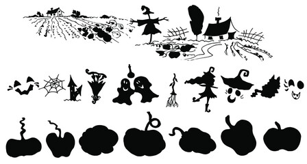Pumpkins, ghosts, witch, cat, web. Decorative items for Halloween. Black silhouette. Vector illustration.