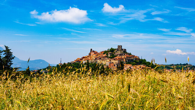 view of the old town of Buccino, Salerno, Campania, Italy. Village with wheat field
