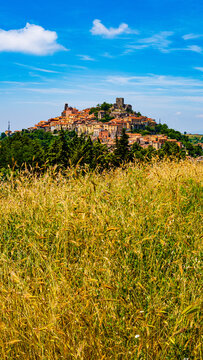 view of the old town of Buccino, Salerno, Campania, Italy. Village with wheat field