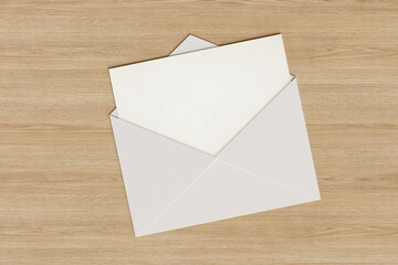 Blank card popping out of an envelope. 3d illustration.