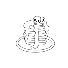 happy halloween black and white coloring doodle lots of delicious pancakes with syrup and skulls on a plate isolated on a white background, sweets, cream, holiday, food