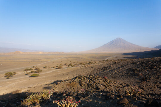 Lake Natron area landscape, Tanzania, Africa. Ol Doinyo Lengai volcano