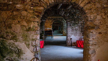 view of the corridors in the medieval castle of Laviano, Italy.