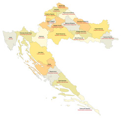 Carte de Croatie avec repérsentation des divisions par comitats et Zagreb - Libellés des divisions administratives en anglais et en croate - Textes vectorisés et non vectorisés sur calques séparés