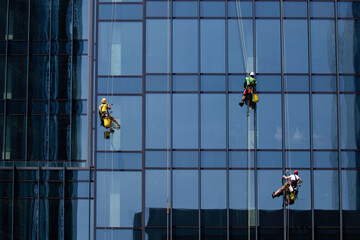 Industrial climbers cleaning the windowpane of a tall city building. Three men work on a sunny...