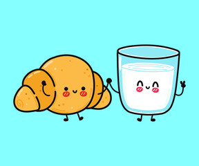 Cute, funny happy croissant and glass of milk character. Vector hand drawn doodle style cartoon character illustration icon design. Funny cartoon croissant and glass of milk mascot character concept