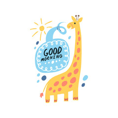 Cute giraffe says good morning. Beautiful animal illustration for children's T-shirts, clothing, printing, postcards.