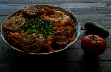 Fried eggs and buckwheat dishes