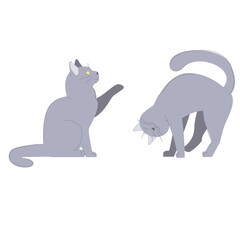 purring petting cat and sitting cat giving paw. smiling happy pet. set of domestic animals. stock vector illustration isolated on white background.
