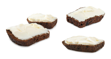 Set of bread with cream cheese on white background. Banner design