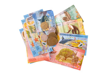 Costa Rican banknotes and coins isolated
