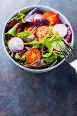 Healthy salad, leaves mix salad. Vegan salad with cherry tomatoes, radish and mix salad. Keto or paleo diet concept. Copy space. Top view