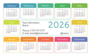 Calendar 2026 year. English colorful vector horizontal wall or pocket calender design template. New year. Week starts on Sunday