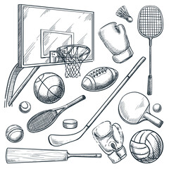 Sports equipment. Vector hand drawn sketch illustration of basketball, tennis, badminton, boxing, hockey and volleyball