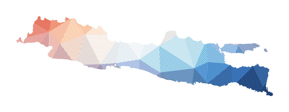 Low poly illustration of the island of Java. Geometric design with stripes. Technology, internet, network concept. Vector illustration.