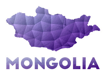 Map of Mongolia. Low poly illustration of the country. Purple geometric design. Polygonal vector illustration.