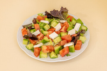 Turkish Mediterranean salad typically chopped all the ingredients into squares on a white porcelain plate.