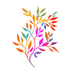 The object is a graceful multicolored twig with leaves. Mixed media. Vector illustration