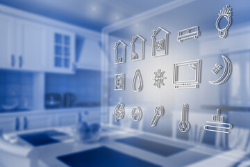 Smart home technology concept. Touch screen display of modern house control unit in night mode.