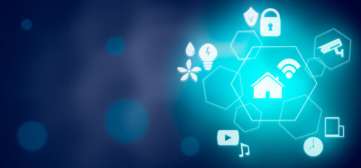 Fototapeta premium Smart home technology concept illustartion. Touch screen display of modern house control unit. Blue background.