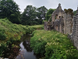 Fototapeta na wymiar Stream beside ruins of Fountains Abbey, Ripon, North Yorkshire, England, UK
