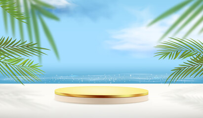 Gold pedestal on a summer background with tropical plants and the ocean in a minimal style for product demonstration.