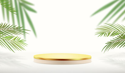 Abstract minimalistic background in light colors. Cylindrical pedestal with gold color for product display against tropical leaves background.