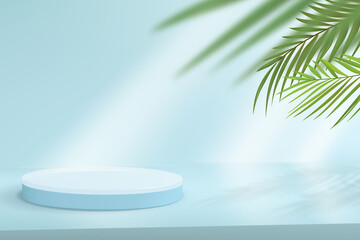 Fototapeta premium Minimalistic background with podium for product demonstration. Abstract scene in blue tones with tropical leaves on the background.