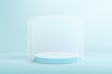 Abstract background with geometric shapes. Minimalistic scene in blue colors with cylindrical podium for product mockup.