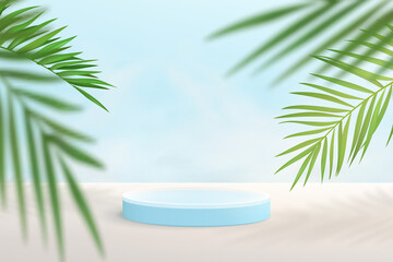 Abstract background with geometric shapes in pastel blue. Minimalistic stage with cylindrical podium for product mockup.