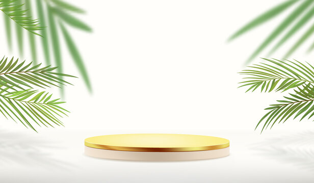 Abstract Minimalistic Background In Light Colors. Cylindrical Pedestal With Gold Color For Product Display Against Tropical Leaves Background.