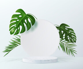 Minimalistic design of marble pedestal with tropical leaves on the background. Rodium for product demonstration.