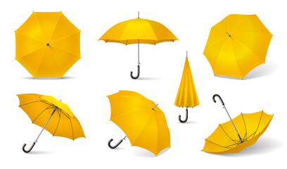 Yellow Realistic Umbrella Icon Set - obrazy, fototapety, plakaty