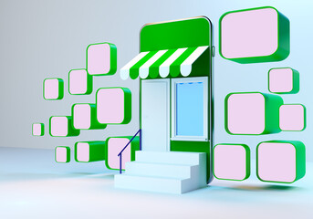 Online store concept. Showcase and steps on smartphone display. Trading shop in form of telephone. Shopping metaphor in mobile apps. shopping on Internet. Apps online store. 3d rendering.