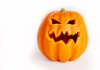 Halloween pumpkin 3d. Pumpkin with a scary face. Halloween pumpkin on a white background. Orange gourd with smile for your design. Gourd for Halloween. Decorations All Hallows' Eve party. 3d image