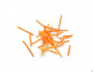 longitudinally and thinly chopped carrots isolated on white background.