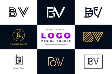 Set of collection Initial Letters BV Logo Design.