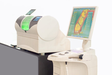 Dental equipment. Milling machine for creating prostheses. Equipment for prosthetics. CNC machine dental technician. Snapshot of teeth on monitor. Sale of dental equipment. Dentist milling machine