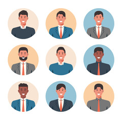 People portraits of businessman, male faces avatars isolated at round icons set, vector flat illustration
