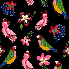 Obraz premium Abstract Hand Drawing Parrots Birds and Flowers Seamless Pattern Isolated Background