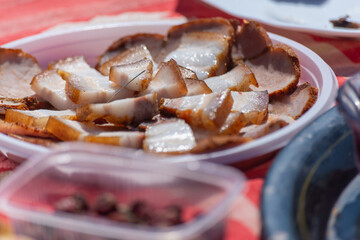 Smoked bacon, a snack in nature.