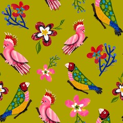 Obraz premium Abstract Hand Drawing Parrots Birds and Flowers Seamless Pattern Isolated Background