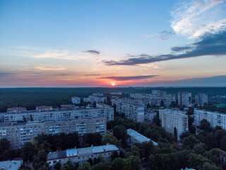 Aerial morning sunrise view on residential Kharkiv city Pavlove Pole district. Multistory buildings...