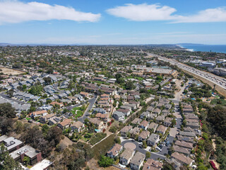 Aerial view of suburb area with residential villa in San Diego, Encinitas, South California, USA. 