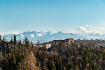 Fototapeta na wymiar Beautiful landscape with Czorsztyn castle and view of the Tatra Mountains