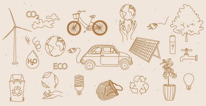Vector set of hand drawn retro vintage / Boho green energy icons. - Eco and green environment line icons, ecology and recycling outline symbols. - All elements are isolated.