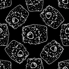 Vector seamless sushi pattern.vector seamless pattern of sushi. a hand-drawn sketch - style pattern of randomly arranged sushi white outline on a black background for a Japanese food menu design templ