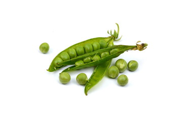 Fresh green peas isolated on white background.