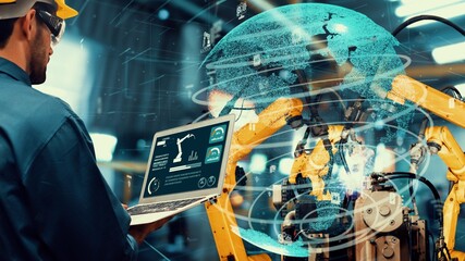 Smart industry robot arms modernization for innovative factory technology . Concept of automation...